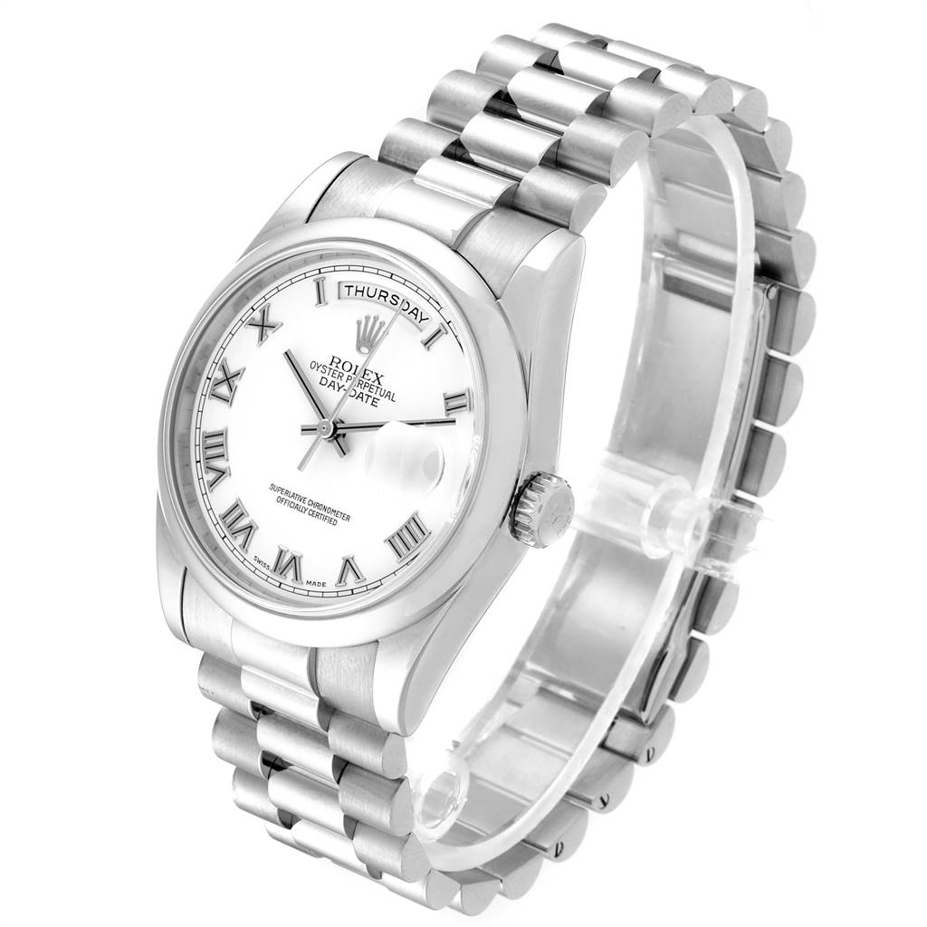The image shows a Rolex President 118209 Men
s White Gold White Dial 118209 Men
s White Gold White Dial model watch angled to display the dial, bezel, crown, and bracelet.