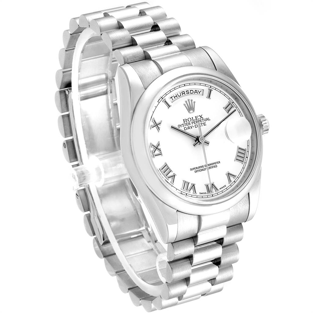 The image shows a Rolex President 118209 Men
s White Gold White Dial 118209 Men
s White Gold White Dial model watch at a three-quarter angle, highlighting the band, face, and bezel.