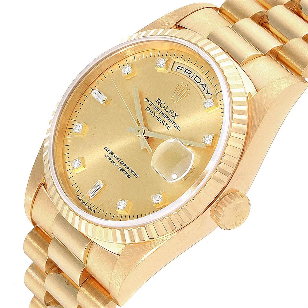 The image shows a close-up of the dial, case, and part of the bracelet of a Rolex President 18238 Men
s Yellow Gold Champagne Dial 18238 Men
s Yellow Gold Champagne Dial model watch.