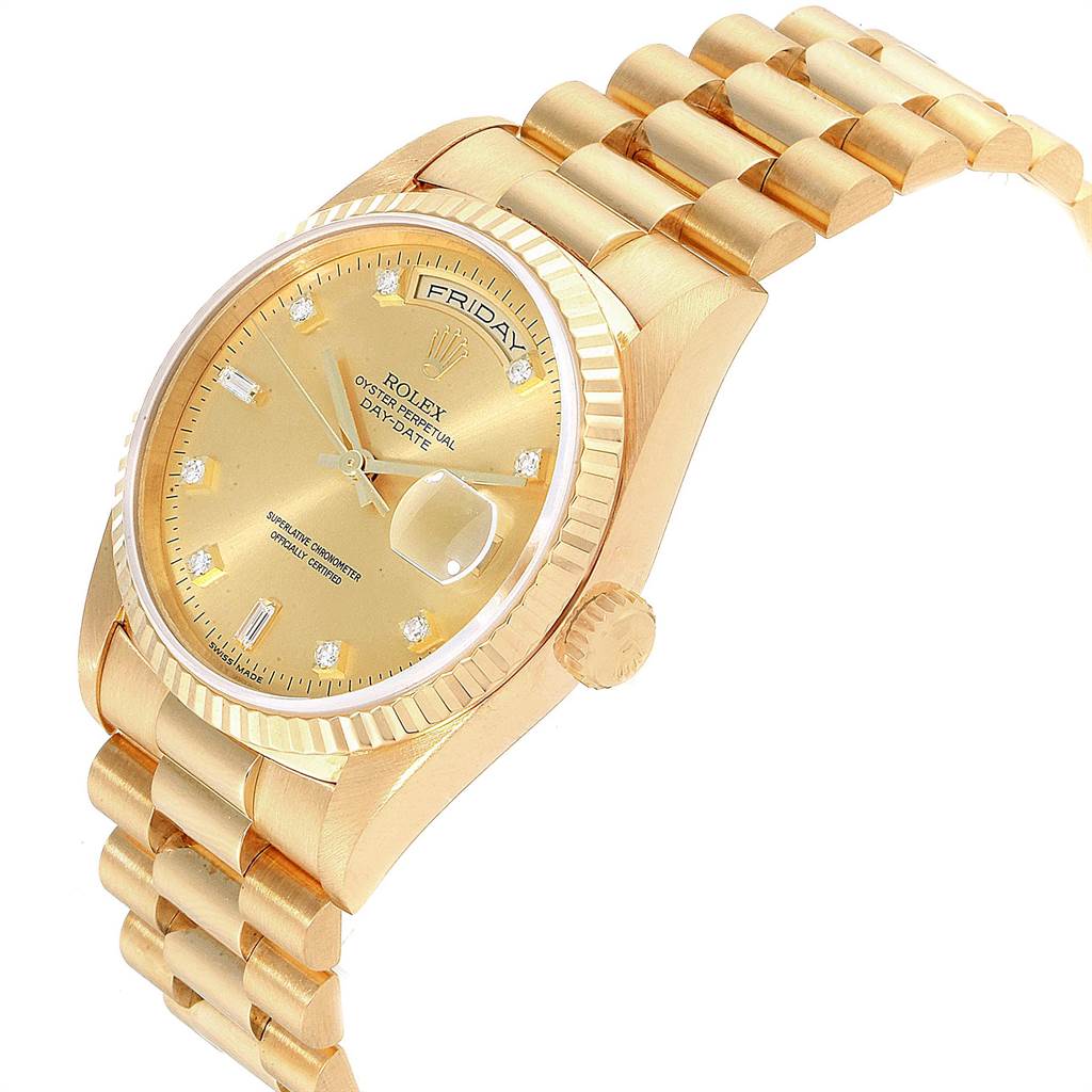 The Rolex President 18238 Men
s Yellow Gold Champagne Dial 18238 Men
s Yellow Gold Champagne Dial model watch is shown at a 3/4 angle highlighting the face, crown, and part of the bracelet.