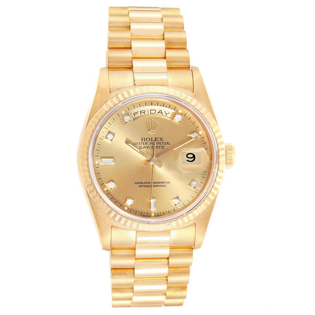 The image shows a frontal view of the Rolex President 18238 Men
s Yellow Gold Champagne Dial 18238 Men
s Yellow Gold Champagne Dial model watch, displaying the dial, day-date feature, and bracelet.