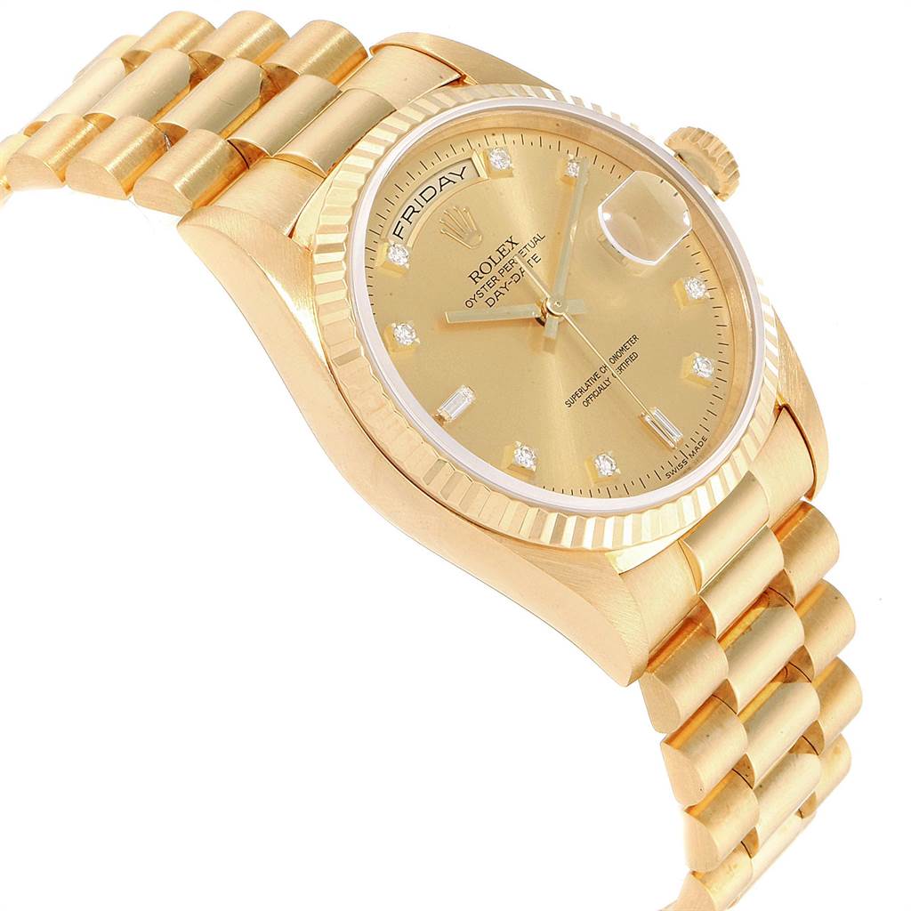 The Rolex President 18238 Men
s Yellow Gold Champagne Dial 18238 Men
s Yellow Gold Champagne Dial model watch is shown from a slight side angle, displaying its gold bracelet, fluted bezel, and dial with day/date indications.