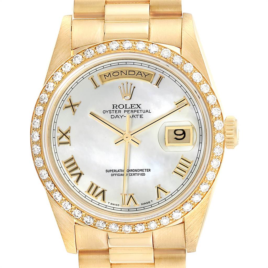 The image shows a front view of a Rolex President 18238 Men
s Yellow Gold Mother of Pearl Dial 18238 Men
s Yellow Gold Mother of Pearl Dial model watch, featuring the dial, bezel, case, crown, and part of the bracelet.