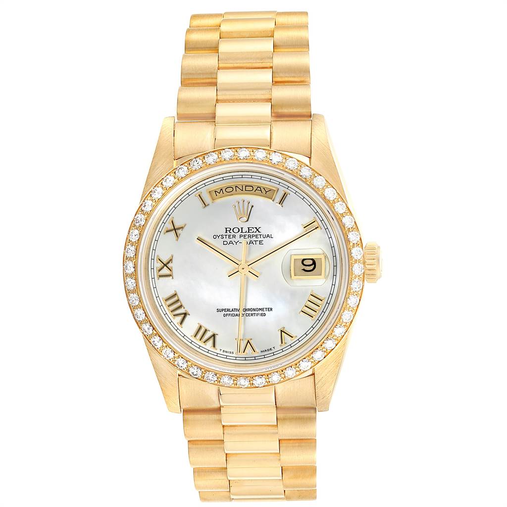 The image shows a front view of the Rolex President 18238 Men
s Yellow Gold Mother of Pearl Dial 18238 Men
s Yellow Gold Mother of Pearl Dial model watch, displaying the face, bracelet, and crown.