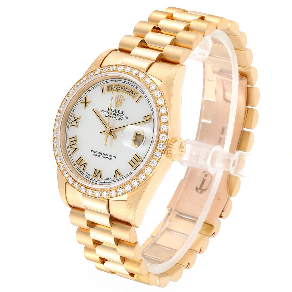 The Rolex President 18238 Men
s Yellow Gold Mother of Pearl Dial 18238 Men
s Yellow Gold Mother of Pearl Dial model watch is shown at a three-quarter angle, highlighting its dial, bezel, case, and bracelet.