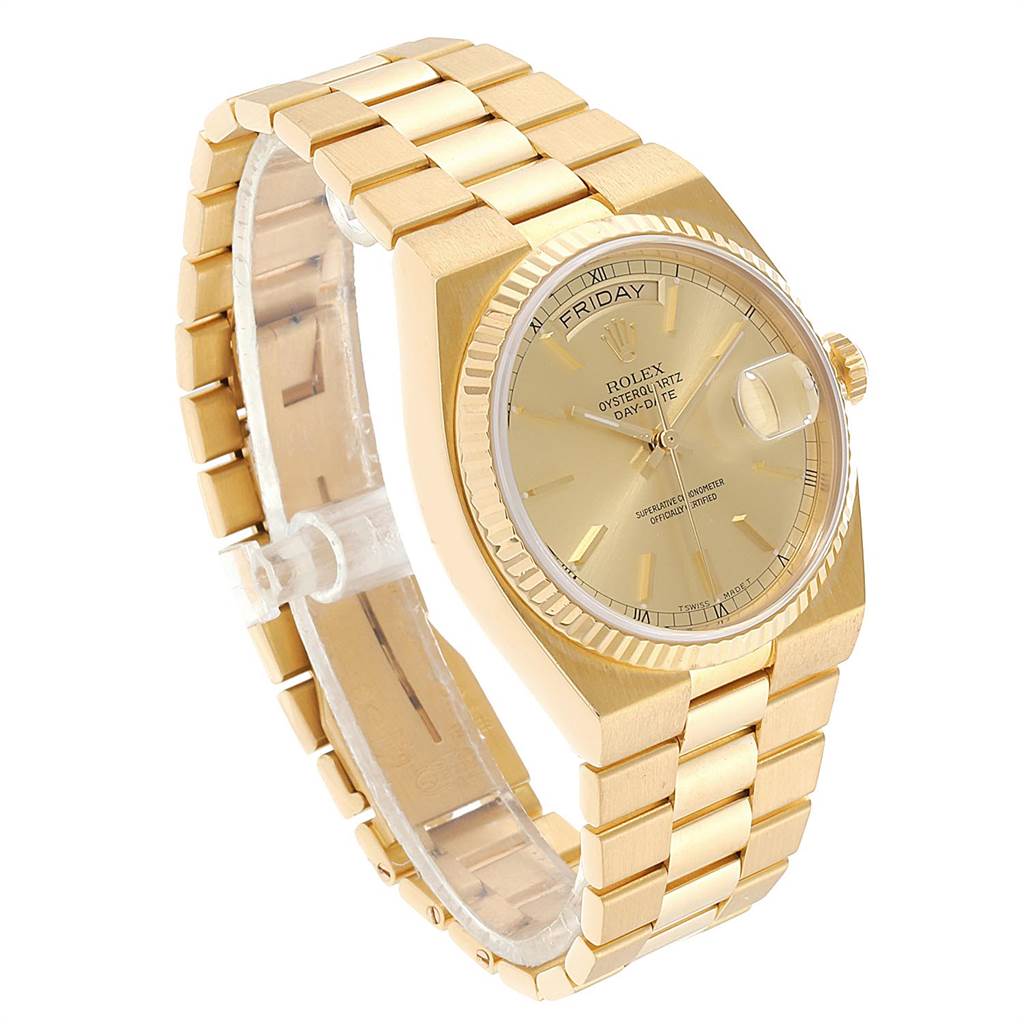 The image shows a Rolex President 19018 Men
s Yellow Gold Champagne Dial 19018 Men
s Yellow Gold Champagne Dial model watch at an angle highlighting the gold bracelet, dial, bezel, and day-date feature.