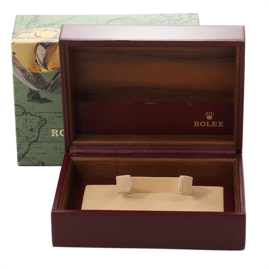 This image shows an open Rolex President 19018 Men
s Yellow Gold Champagne Dial 19018 Men
s Yellow Gold Champagne Dial model watch box and its outer green packaging.