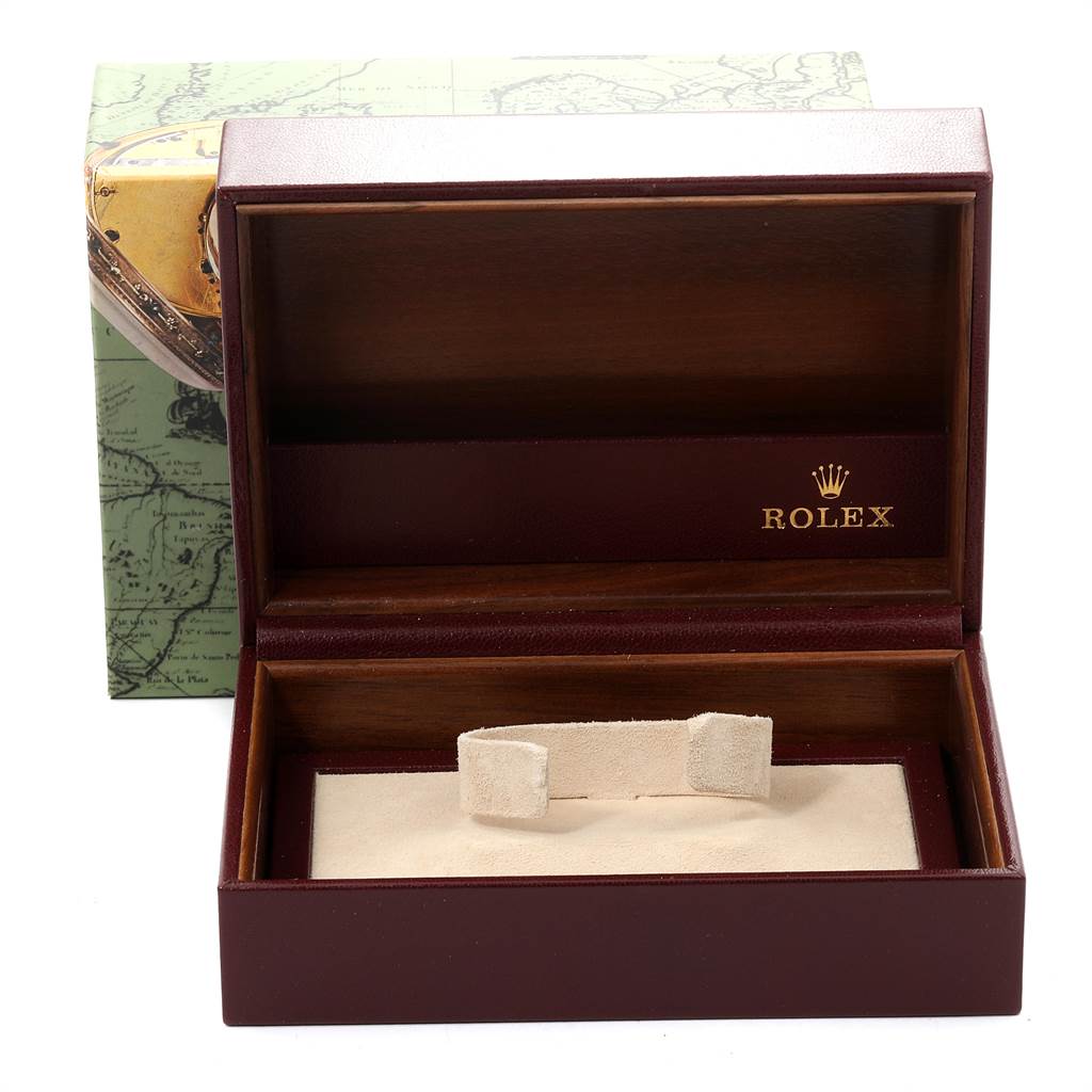 This image shows an empty Rolex watch box for the President model, viewed from the front with an open lid.