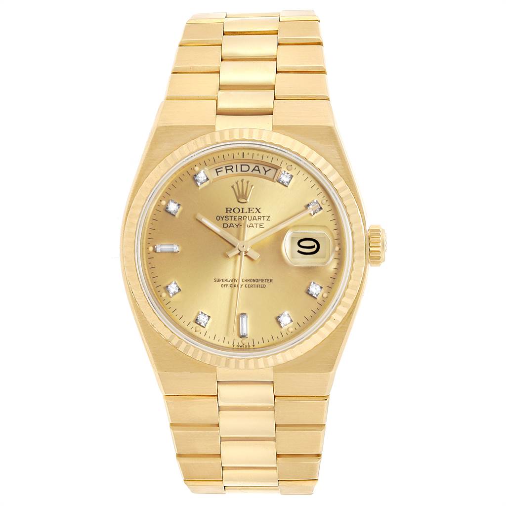 The image shows a frontal view of the Rolex President 16240 Men
s Yellow Gold Champagne Dial 16240 Men
s Yellow Gold Champagne Dial Oysterquartz Day-Date watch, highlighting the dial, bracelet, and day-date window.