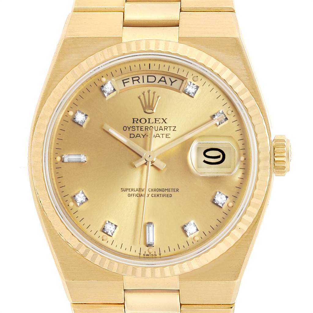 The image shows a frontal view of the Rolex President 16240 Men
s Yellow Gold Champagne Dial 16240 Men
s Yellow Gold Champagne Dial Oysterquartz Day-Date watch, highlighting its face, dial, bezel, and part of the bracelet.