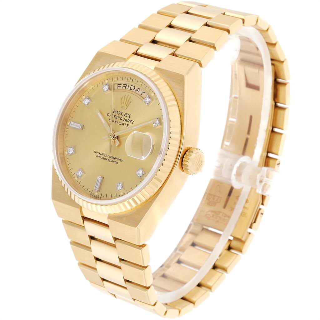 The image shows a Rolex President 16240 Men
s Yellow Gold Champagne Dial 16240 Men
s Yellow Gold Champagne Dial model watch at an angled view, displaying its gold bracelet, dial, crown, and day-date features.