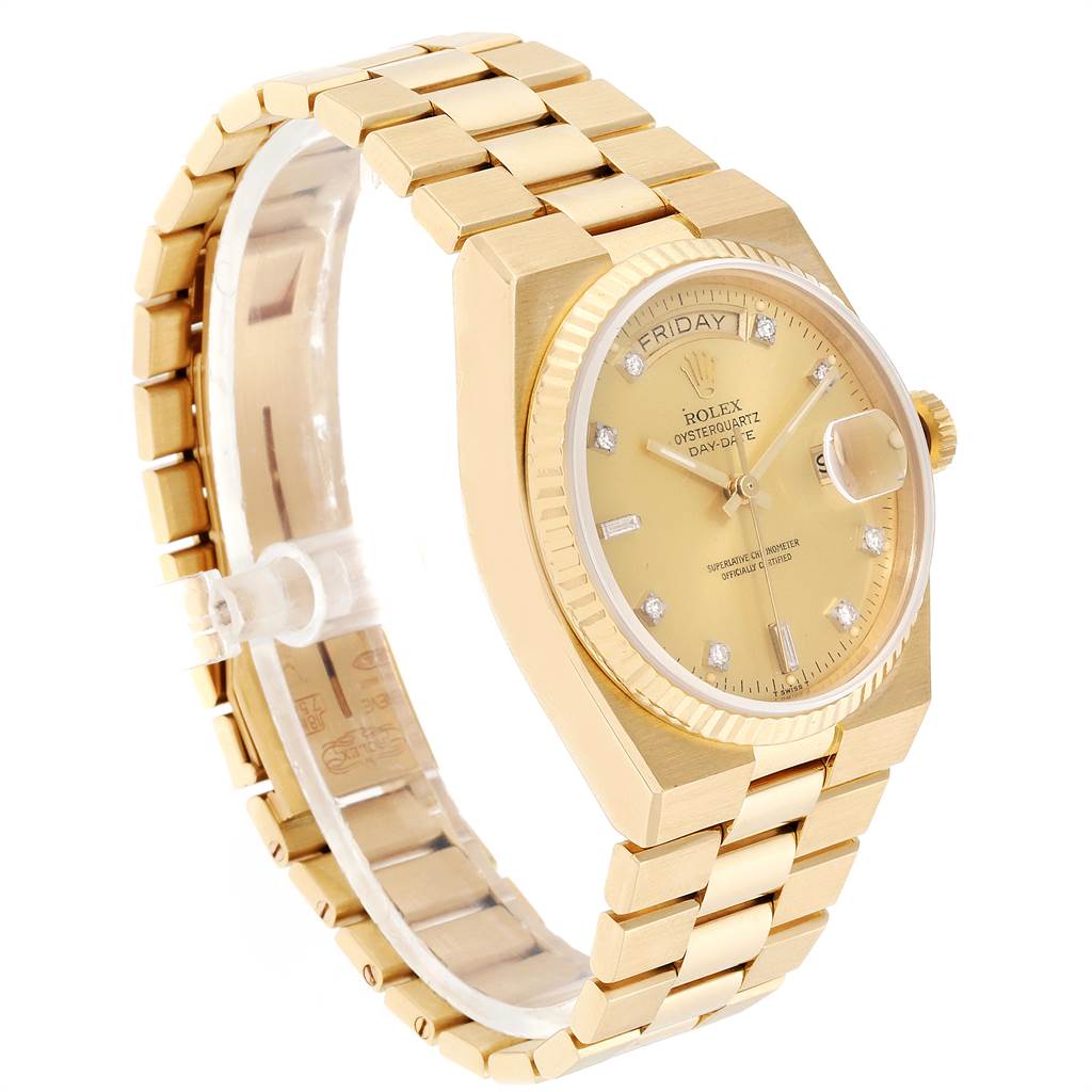 The image shows a Rolex President 16240 Men
s Yellow Gold Champagne Dial 16240 Men
s Yellow Gold Champagne Dial model watch at an angled side view, revealing the face, bezel, and bracelet.
