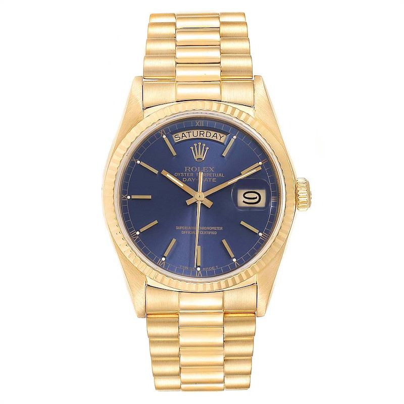 Rolex President Day-Date Yellow Gold Blue Dial Mens Watch 18038 SwissWatchExpo