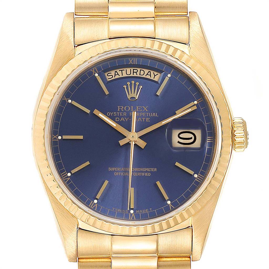 The image shows a front view of the Rolex President 18038 Men's Yellow Gold Blue Dial 18038 Men's Yellow Gold Blue Dial Day-Date watch, highlighting its blue dial, gold case, and bracelet.