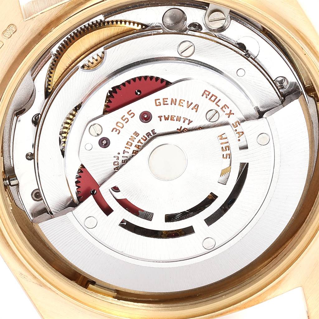 This image shows the inner movement mechanism of a Rolex President 18038 Men's Yellow Gold Blue Dial 18038 Men's Yellow Gold Blue Dial model watch from a close-up angle.