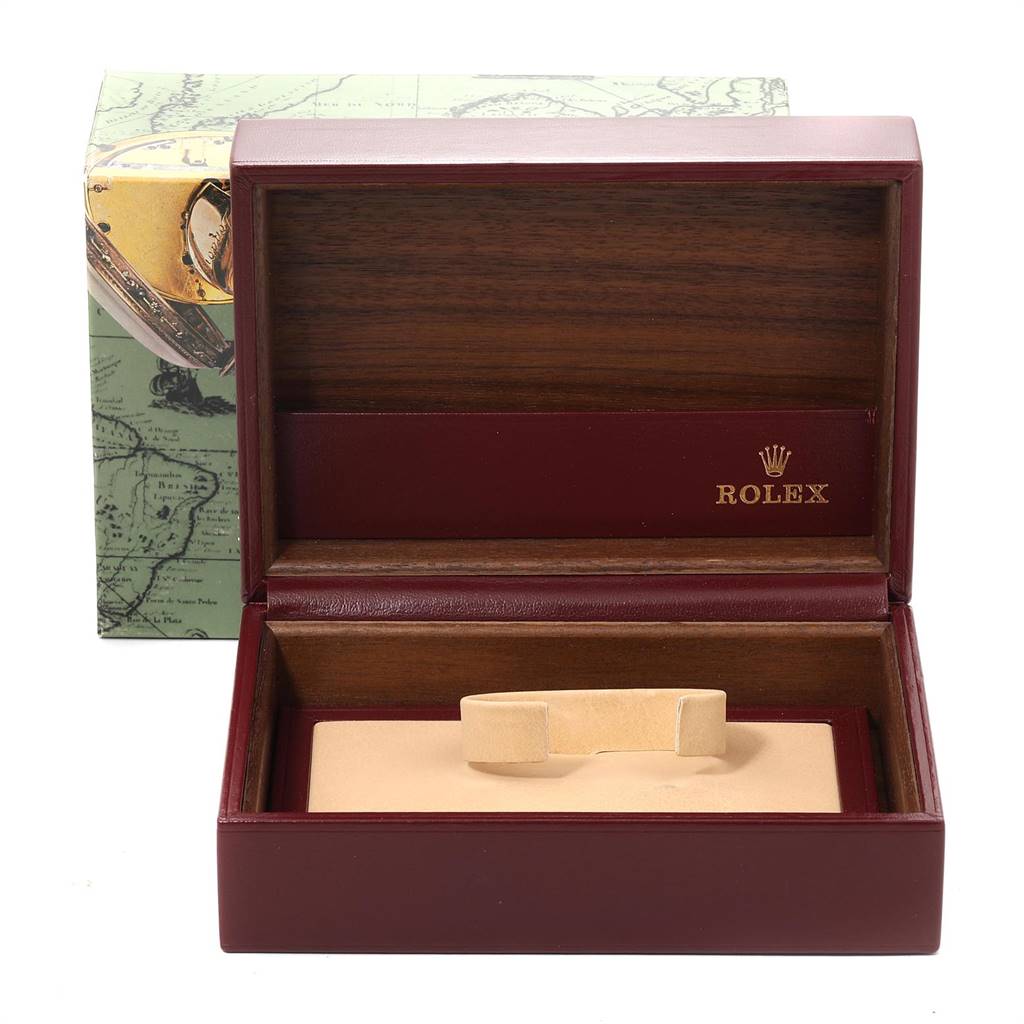 This image shows an open Rolex President 18038 Men's Yellow Gold Blue Dial 18038 Men's Yellow Gold Blue Dial model watch box with a wooden interior and leather padding.