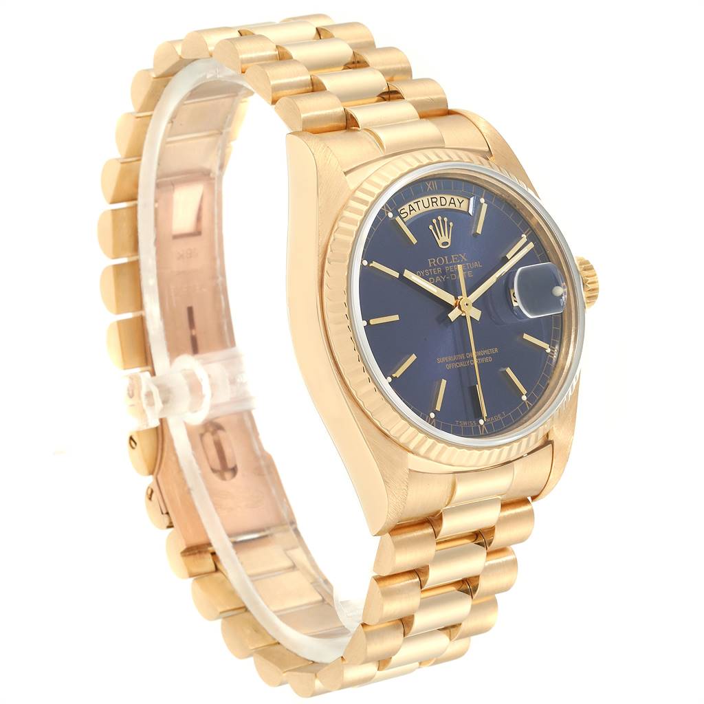 The Rolex President 18038 Men's Yellow Gold Blue Dial 18038 Men's Yellow Gold Blue Dial model watch is shown from a side angle, displaying its gold bracelet, blue dial, and fluted bezel.