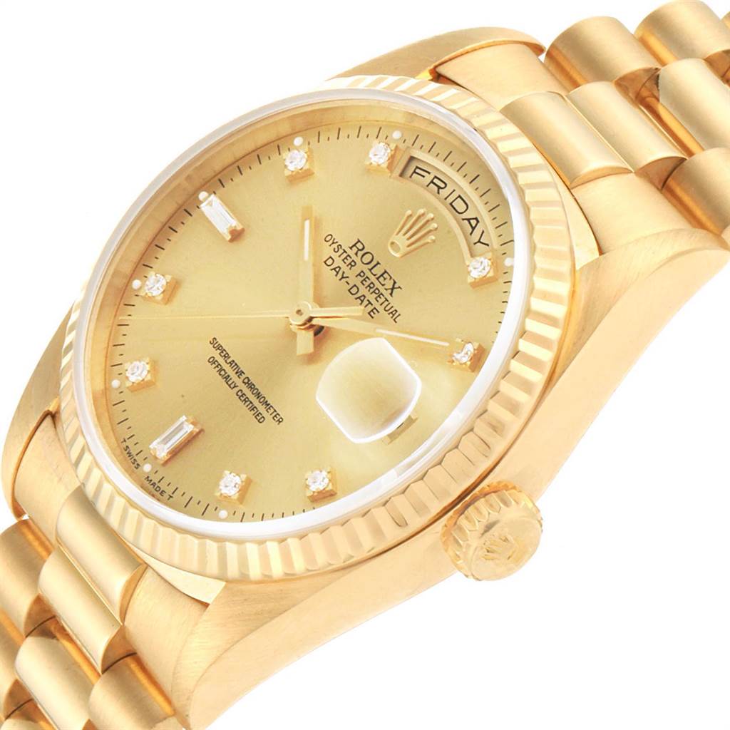 This is a close-up, angled image of the dial, bezel, crown, and part of the band of a Rolex President 18238 Men
s Yellow Gold Champagne Dial 18238 Men
s Yellow Gold Champagne Dial model watch.