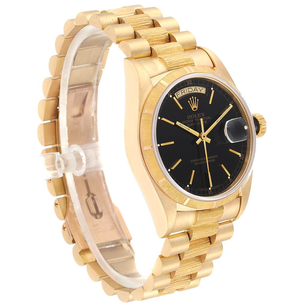 The image displays a side view of a Rolex President 18078 Men
s Yellow Gold Black Dial 18078 Men
s Yellow Gold Black Dial watch with a gold bracelet, black dial, and day-date feature.
