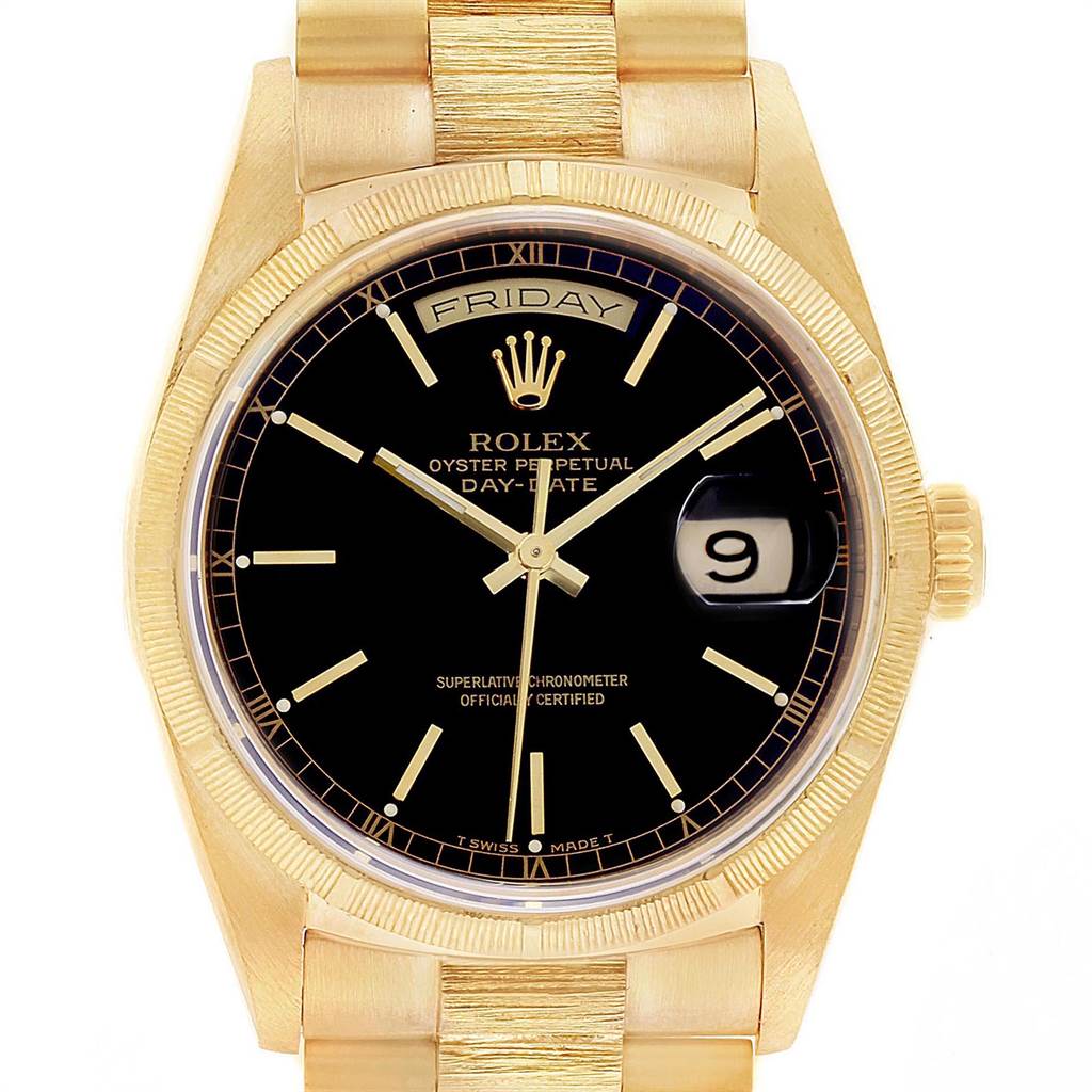 The image shows a front view of a Rolex President 18078 Men
s Yellow Gold Black Dial 18078 Men
s Yellow Gold Black Dial model watch, displaying the dial, hands, bracelet, and crown.