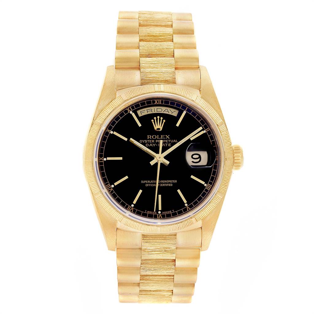 The image shows a front view of a Rolex President 18078 Men
s Yellow Gold Black Dial 18078 Men
s Yellow Gold Black Dial model watch, highlighting the dial, bezel, and bracelet.