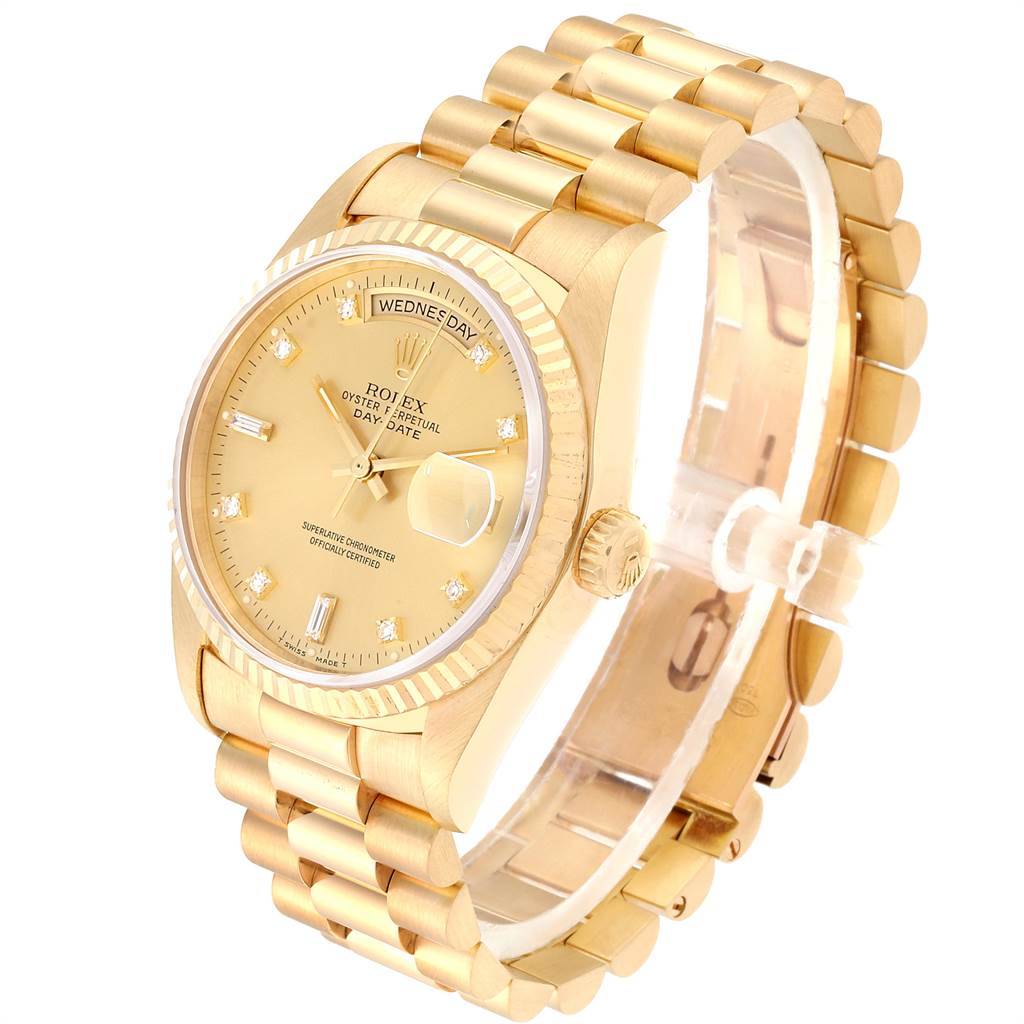 The image shows a Rolex President 18238 Men
s Yellow Gold Champagne Dial 18238 Men
s Yellow Gold Champagne Dial model watch at a three-quarter angle, highlighting the face, bracelet, and crown.