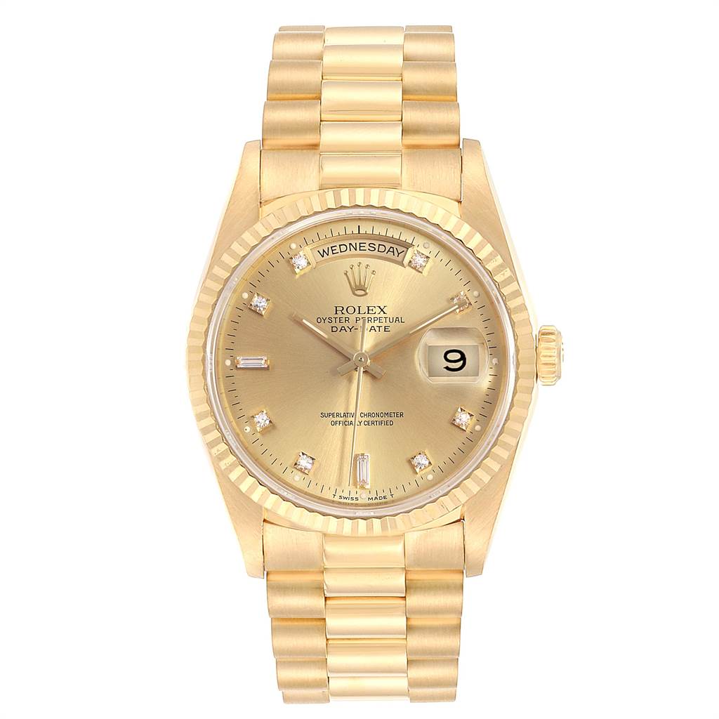 The image shows a frontal view of a gold Rolex President 18238 Men
s Yellow Gold Champagne Dial 18238 Men
s Yellow Gold Champagne Dial Oyster Perpetual Day-Date watch, displaying the dial and bracelet.