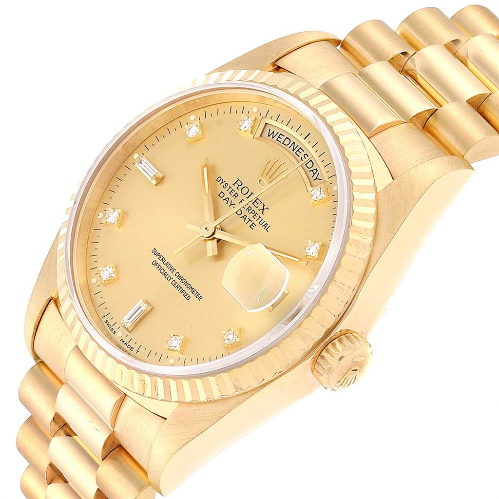 The image shows a close-up angle of a Rolex President 18238 Men
s Yellow Gold Champagne Dial 18238 Men
s Yellow Gold Champagne Dial model watch, featuring its gold dial, fluted bezel, and bracelet.