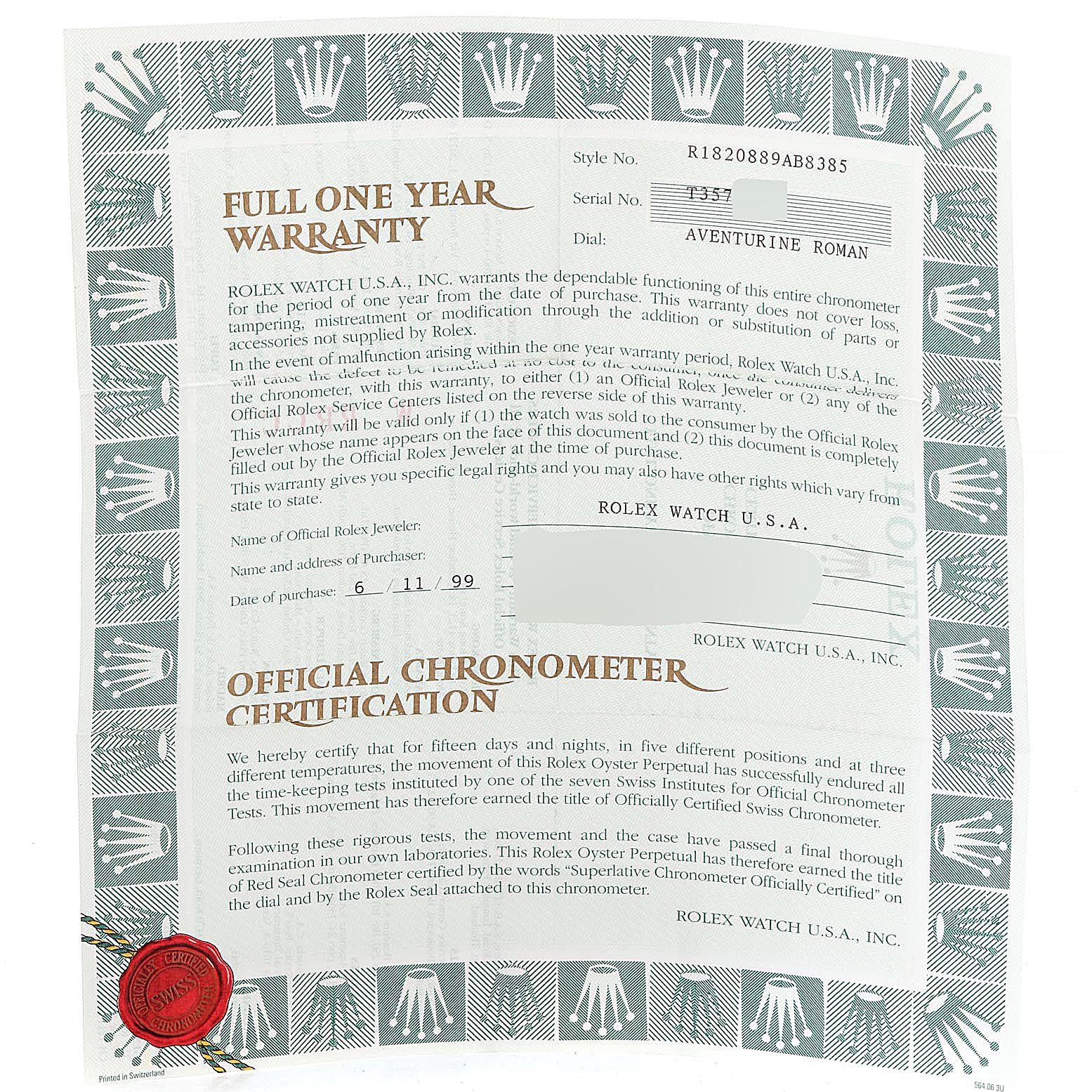 The image shows a full one-year warranty document and official chronometer certification for the Rolex President 18208 Men's Yellow Gold Blue Dial 18208 Men's Yellow Gold Blue Dial model watch.