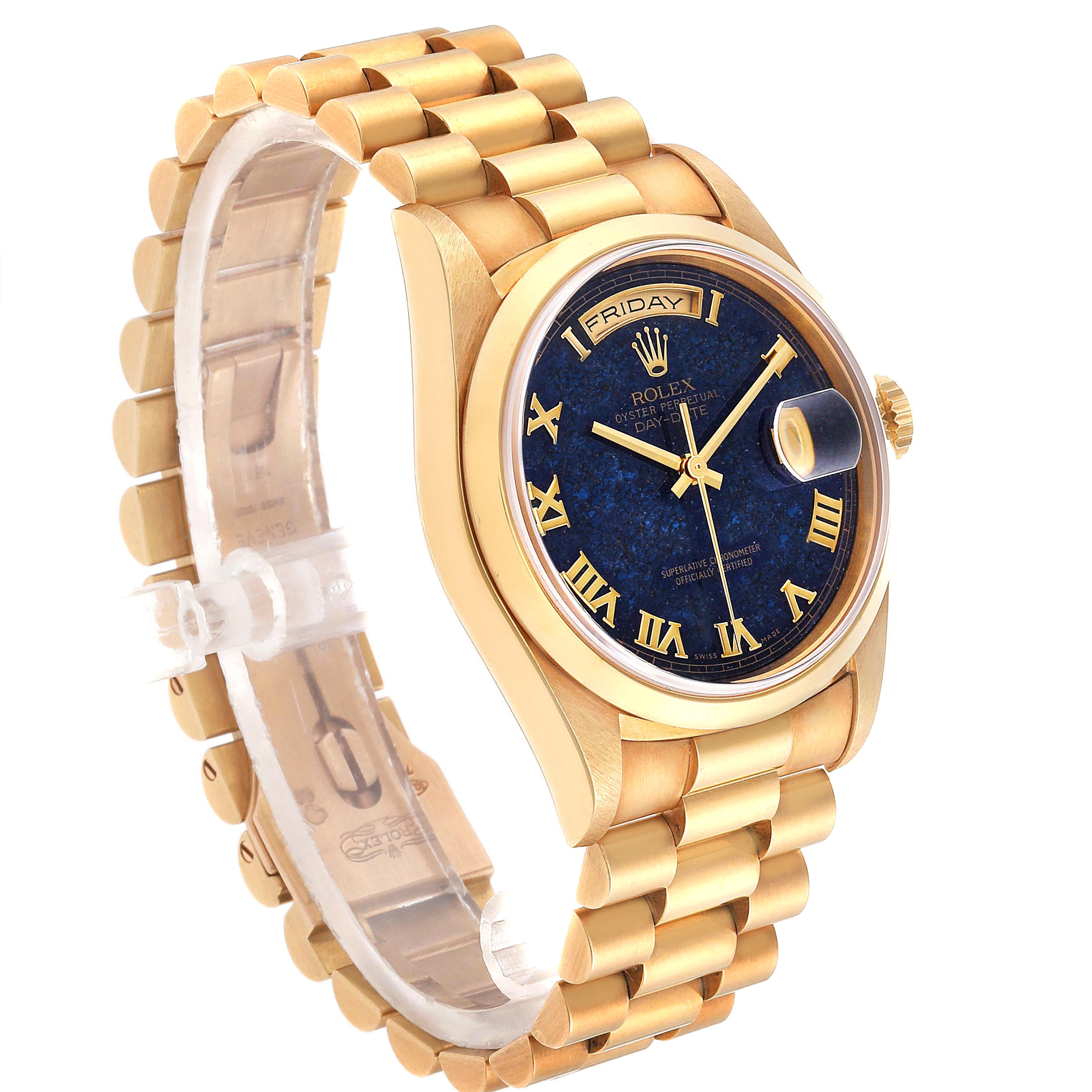 This image shows a side angle of a Rolex President 18208 Men's Yellow Gold Blue Dial 18208 Men's Yellow Gold Blue Dial model watch, featuring a gold case, blue dial, and gold bracelet.