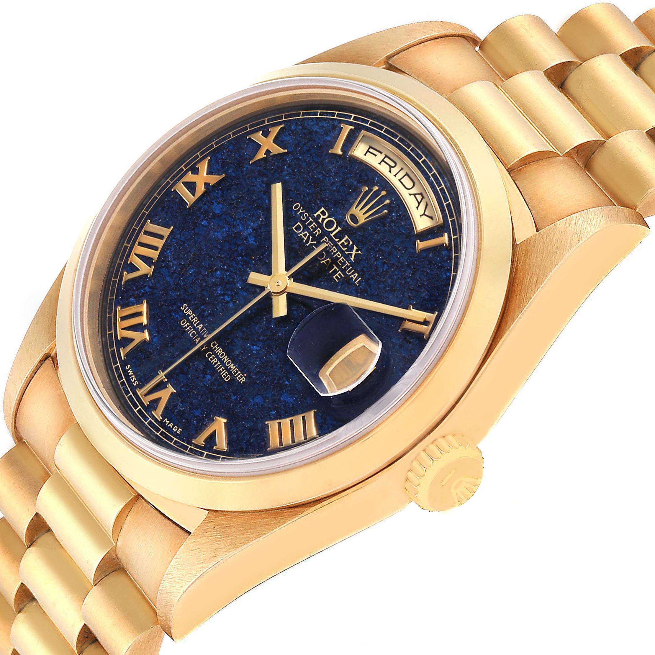 The image shows a Rolex President 18208 Men's Yellow Gold Blue Dial 18208 Men's Yellow Gold Blue Dial model watch at an angle displaying its blue dial, gold case, bracelet, and day-date feature.