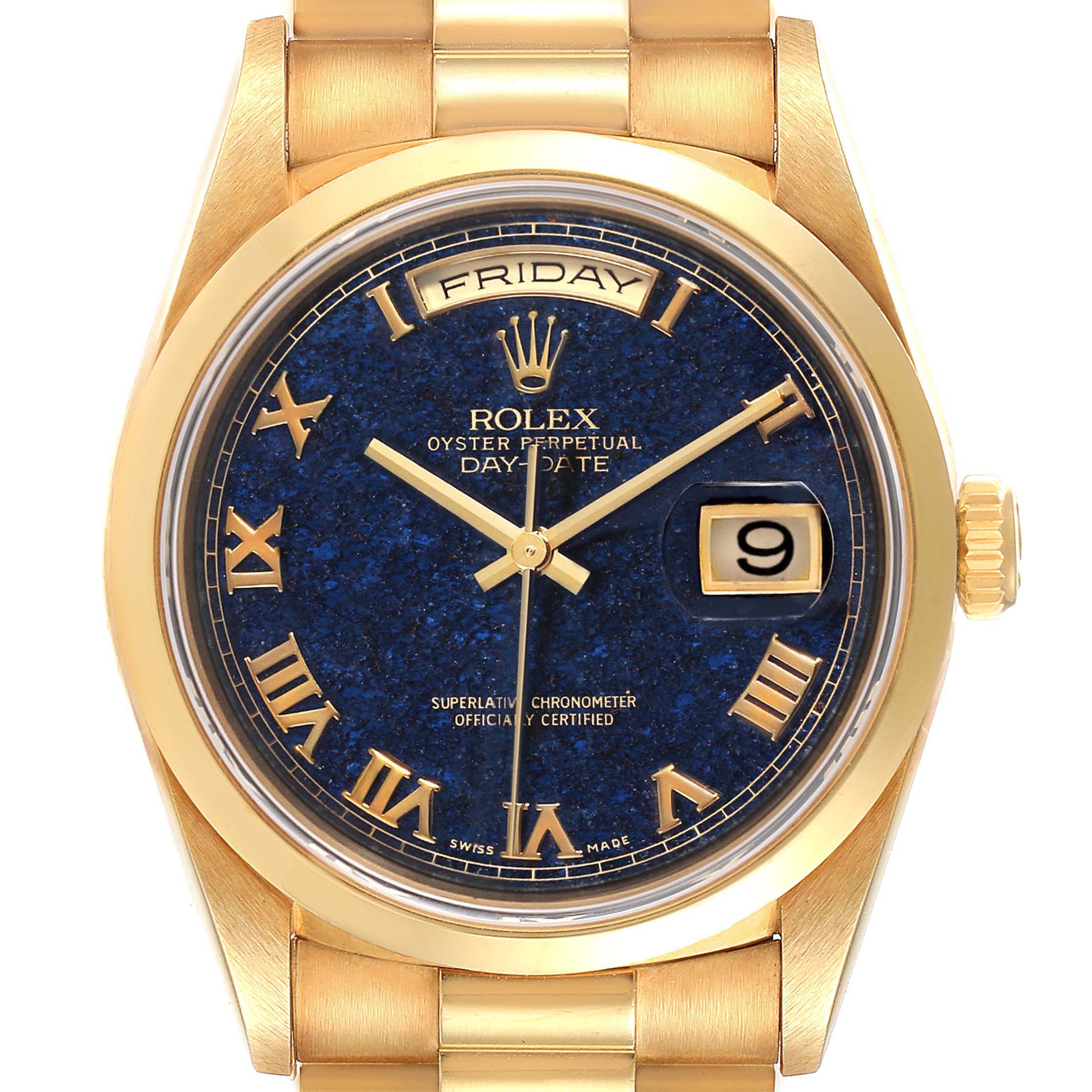 This Rolex President 18208 Men's Yellow Gold Blue Dial 18208 Men's Yellow Gold Blue Dial model watch is shown from the front, highlighting its gold case, blue dial, and day-date functions.