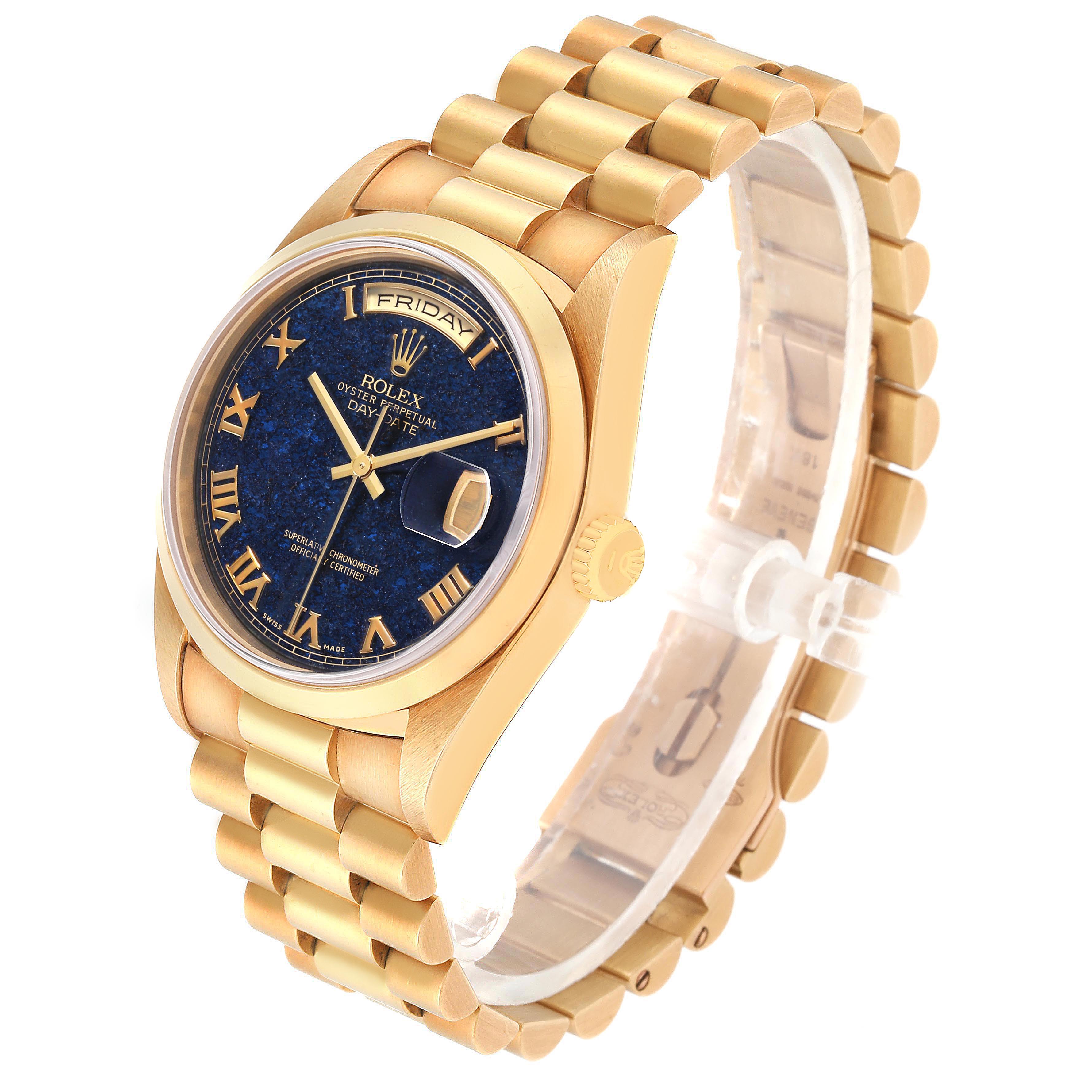 The image shows the Rolex President 18208 Men's Yellow Gold Blue Dial 18208 Men's Yellow Gold Blue Dial model watch at an angled view with its dial, bezel, crown, and bracelet visible.