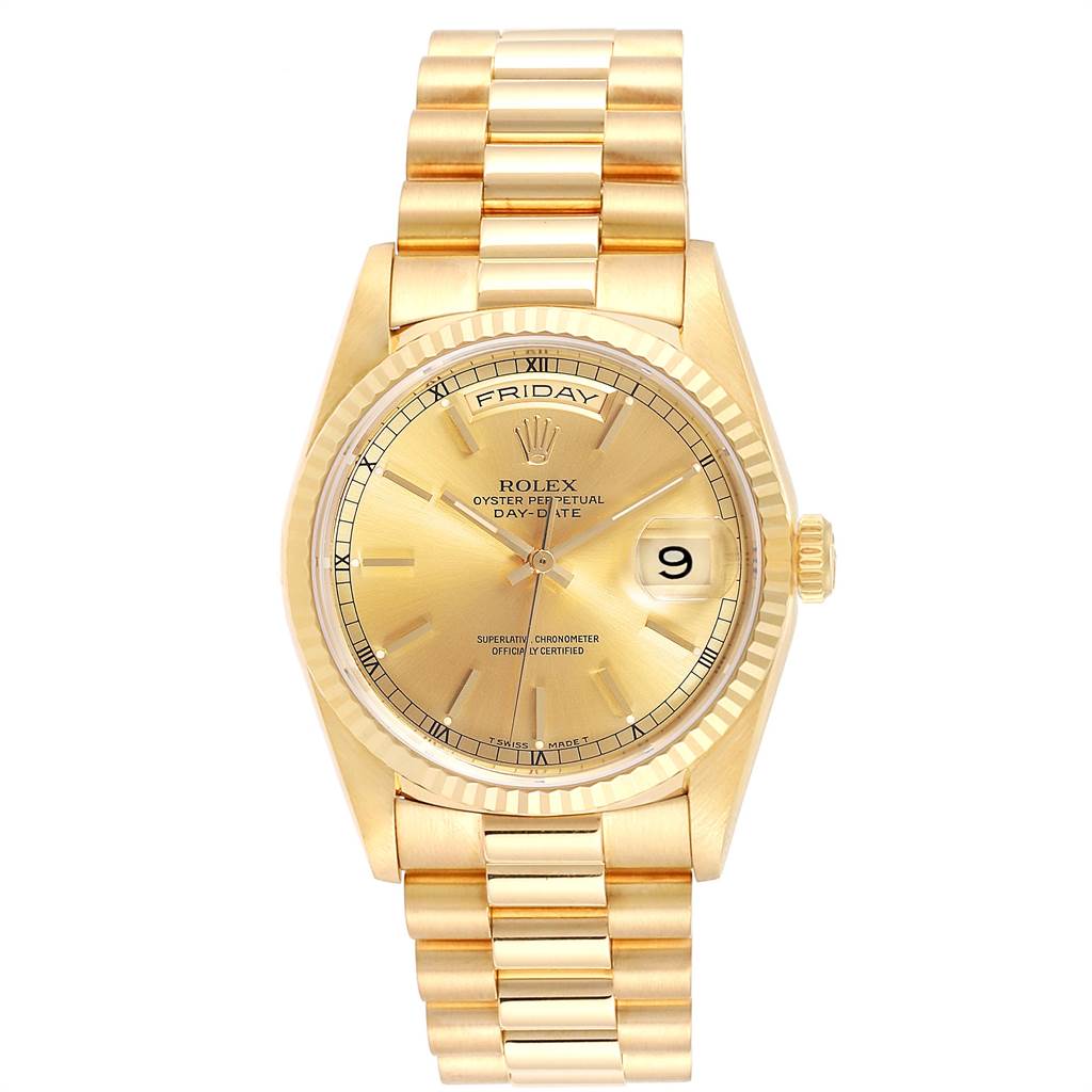 The image shows a front view of a Rolex President 18238 Men
s Yellow Gold Champagne Dial 18238 Men
s Yellow Gold Champagne Dial model watch, including the dial, bracelet, case, bezel, and crown.