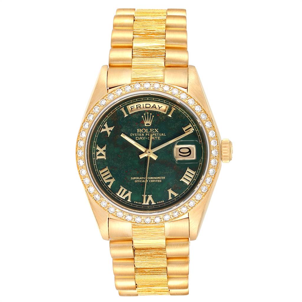 The image shows a front view of a Rolex President 18078 Men's Yellow Gold Green Dial 18078 Men's Yellow Gold Green Dial model watch, displaying the green dial, date, and gold bracelet.