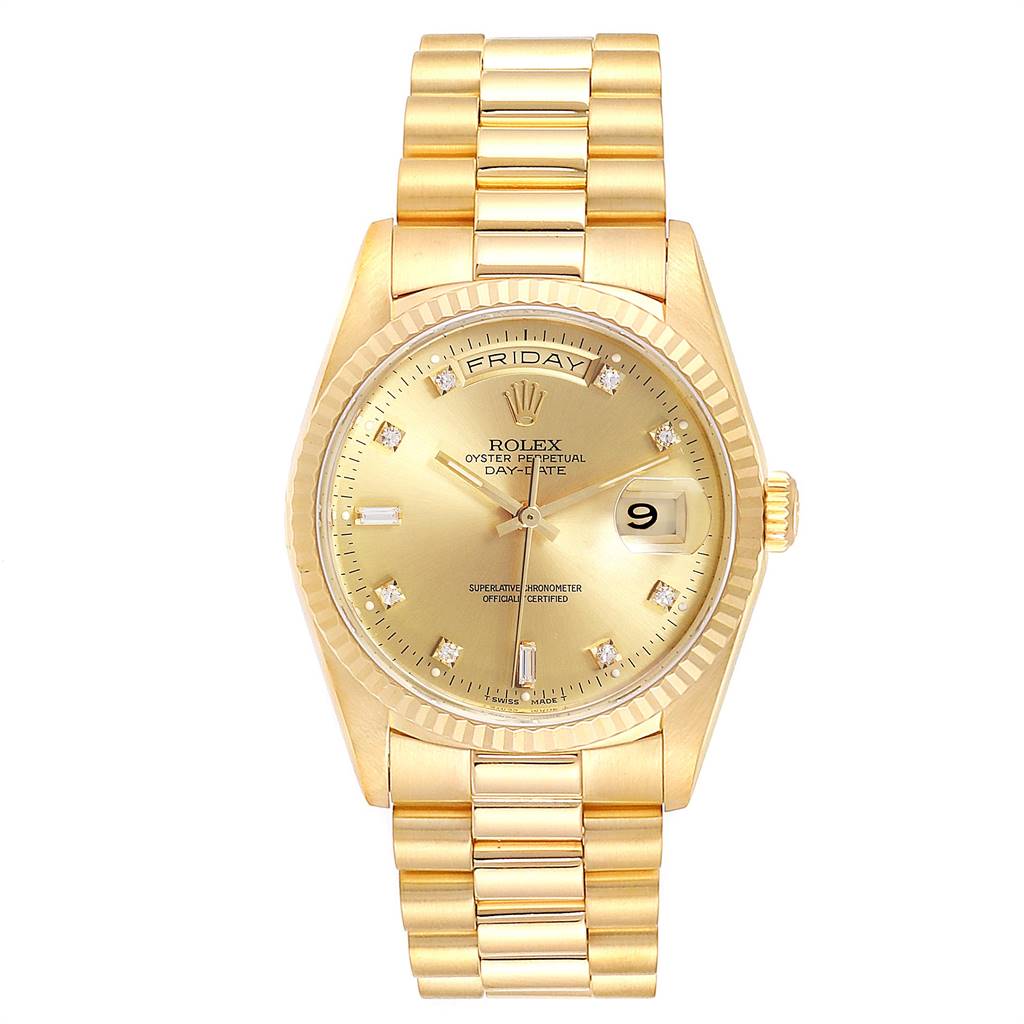 The image shows a front view of a Rolex President 18038 Men's Yellow Gold Champagne Dial 18038 Men's Yellow Gold Champagne Dial model watch, highlighting its golden dial, bracelet, and day-date features.
