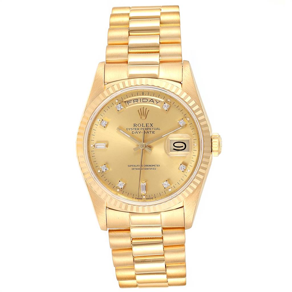 The image shows a front view of a Rolex President 18238 Men's Yellow Gold Champagne Dial 18238 Men's Yellow Gold Champagne Dial Day-Date watch, including its face, bezel, and bracelet.