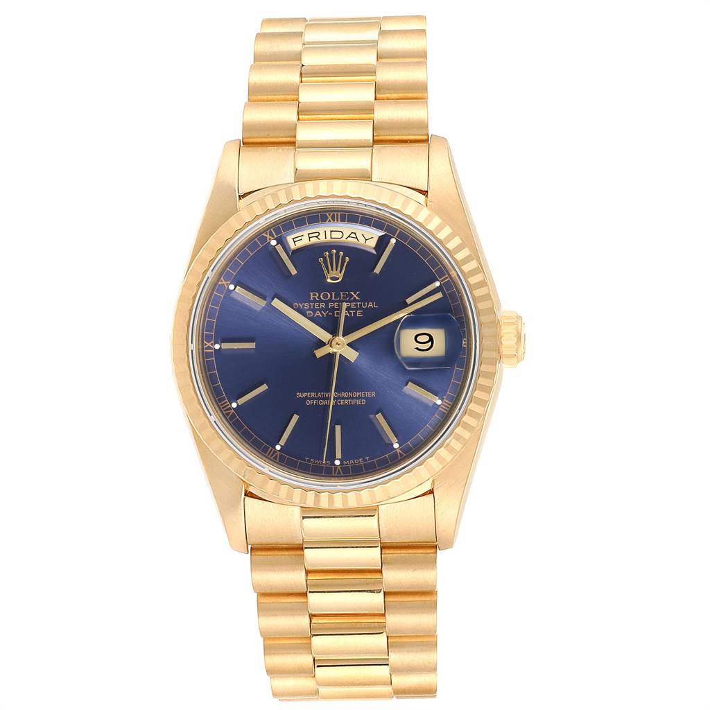 The image shows the front view of a Rolex President 18238 Men's Yellow Gold Blue Dial 18238 Men's Yellow Gold Blue Dial model watch, displaying its gold bracelet, blue dial, and day-date feature.