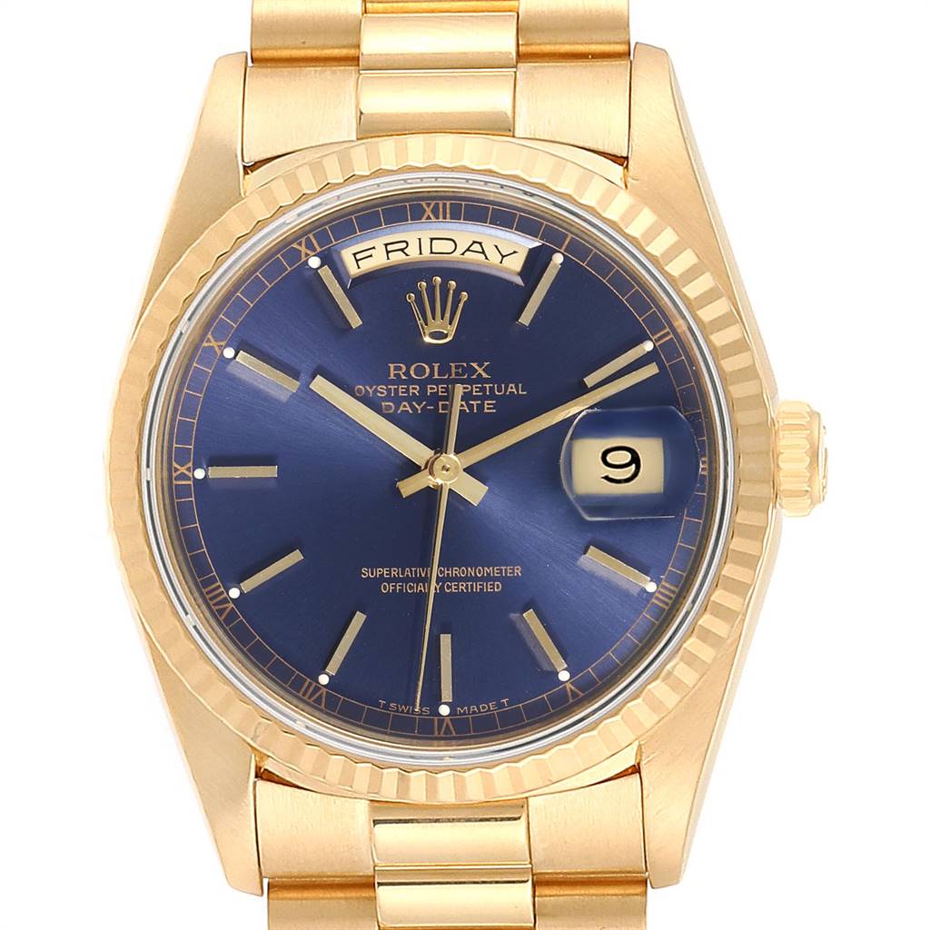 The image shows a front view of the Rolex President 18238 Men's Yellow Gold Blue Dial 18238 Men's Yellow Gold Blue Dial model watch, highlighting its blue dial, gold case, and bracelet.