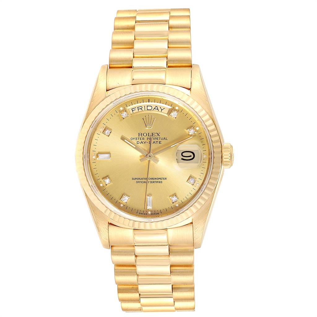 The image shows a front view of a Rolex President 18038 Men's Yellow Gold Champagne Dial 18038 Men's Yellow Gold Champagne Dial model watch, highlighting its gold case, dial, and bracelet.