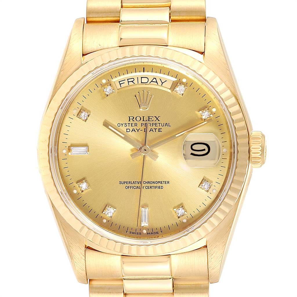 This image shows a front view of a Rolex President 18038 Men's Yellow Gold Champagne Dial 18038 Men's Yellow Gold Champagne Dial model watch, highlighting its gold dial, day-date display, and bracelet.