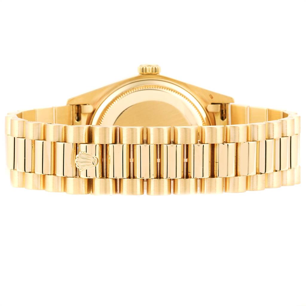 This image shows the back case and bracelet of a Rolex President 18038 Men's Yellow Gold Champagne Dial 18038 Men's Yellow Gold Champagne Dial model watch from a rear angle.