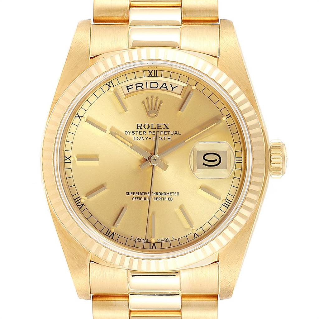 The image shows a frontal view of the Rolex President 18038 Men
s Yellow Gold Champagne Dial 18038 Men
s Yellow Gold Champagne Dial model watch, highlighting its gold-colored dial, fluted bezel, and day-date display.