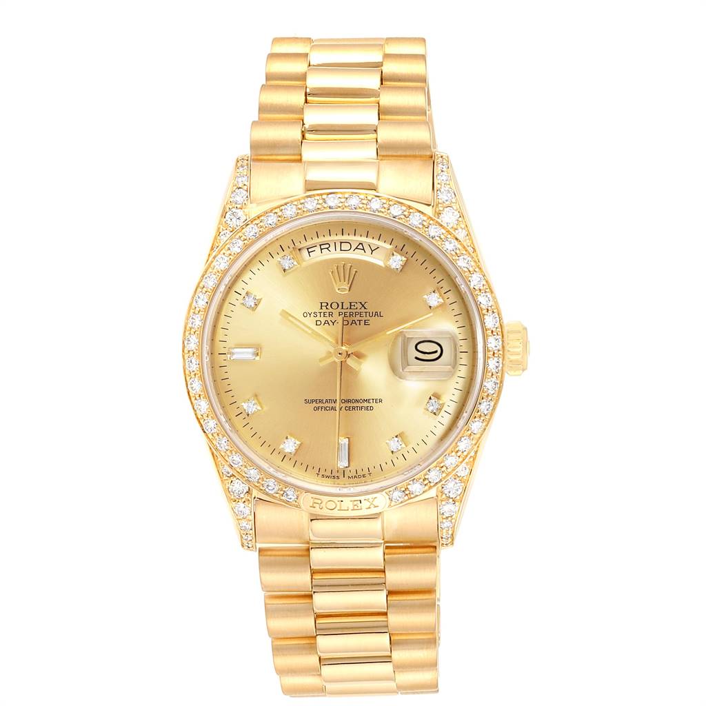 The image shows a full frontal view of a Rolex President 18138 Men
s Yellow Gold Champagne Dial 18138 Men
s Yellow Gold Champagne Dial model watch, featuring a gold bracelet and a diamond-encrusted bezel.