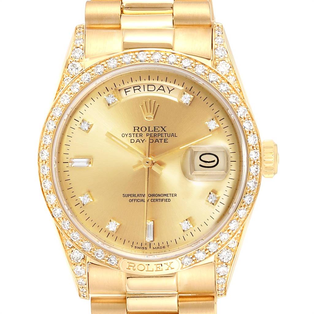 The image shows a frontal view of the Rolex President 18138 Men
s Yellow Gold Champagne Dial 18138 Men
s Yellow Gold Champagne Dial model watch, displaying its gold case, diamond bezel, day-date feature, and bracelet.