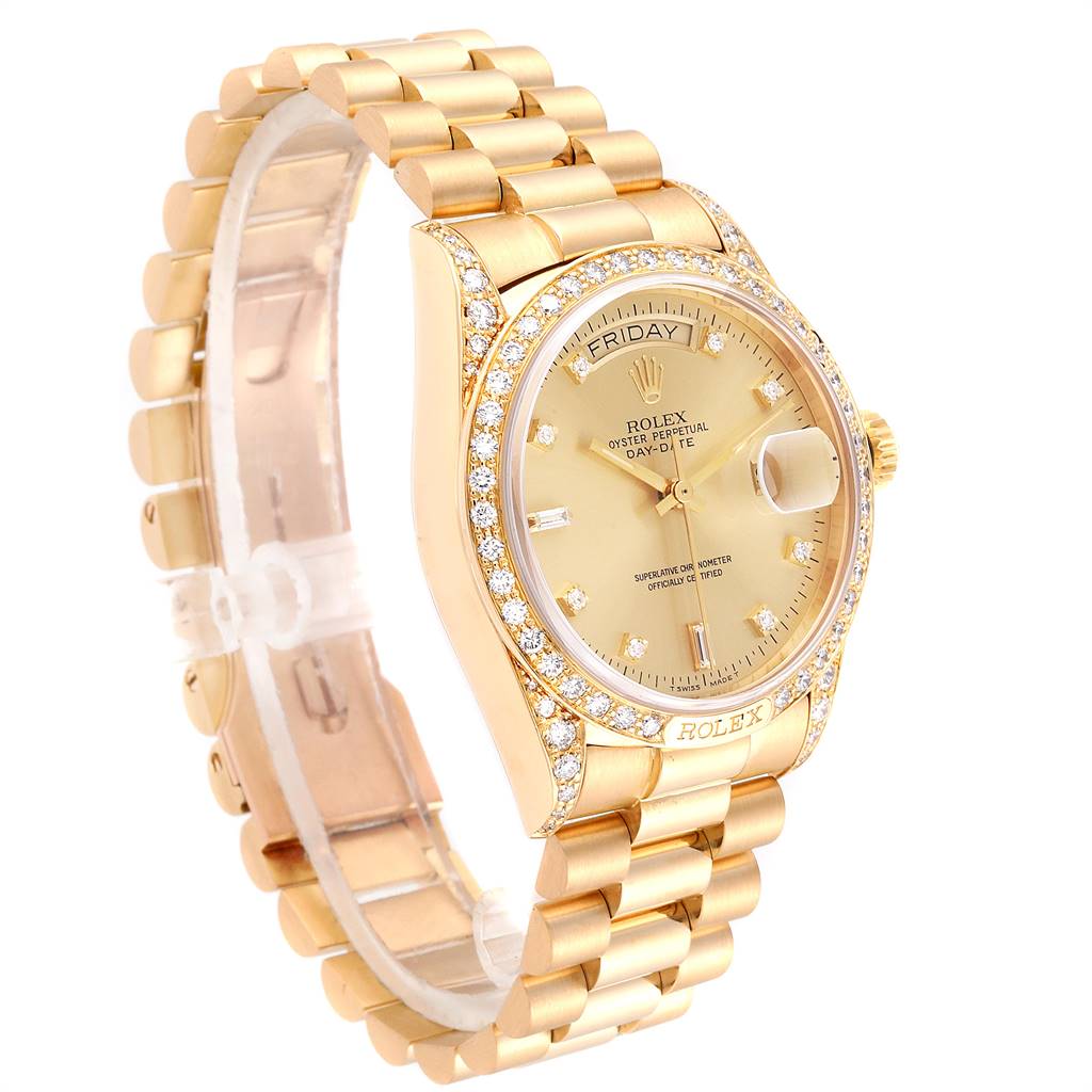 The Rolex President 18138 Men
s Yellow Gold Champagne Dial 18138 Men
s Yellow Gold Champagne Dial watch is shown from a three-quarter angle, highlighting its gold bracelet, diamond bezel, and dial details.