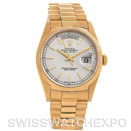 The image shows a frontal view of a Rolex President 18238 Men's Yellow Gold White Dial 18238 Men's Yellow Gold White Dial watch, displaying its dial, hands, bracelet, and day/date functions.