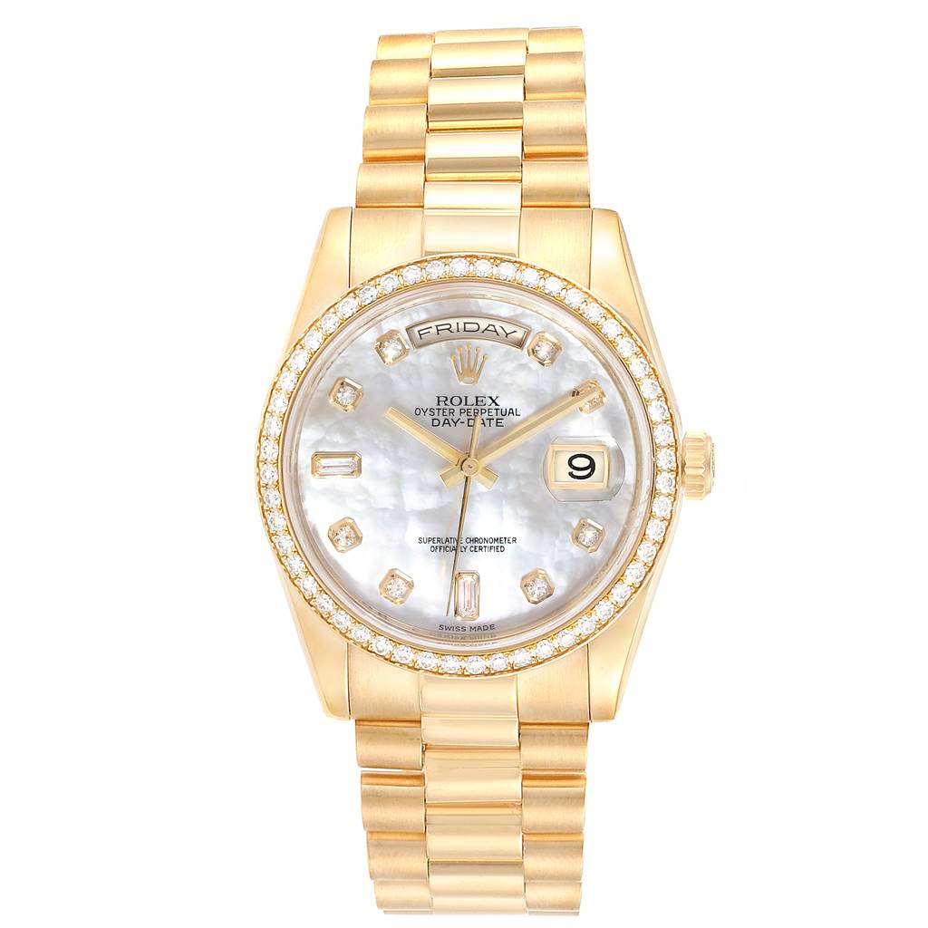 This image shows a front view of the Rolex President 118348 Men
s Yellow Gold Mother of Pearl Dial 118348 Men
s Yellow Gold Mother of Pearl Dial model watch with a gold band, diamond bezel, and day-date display.