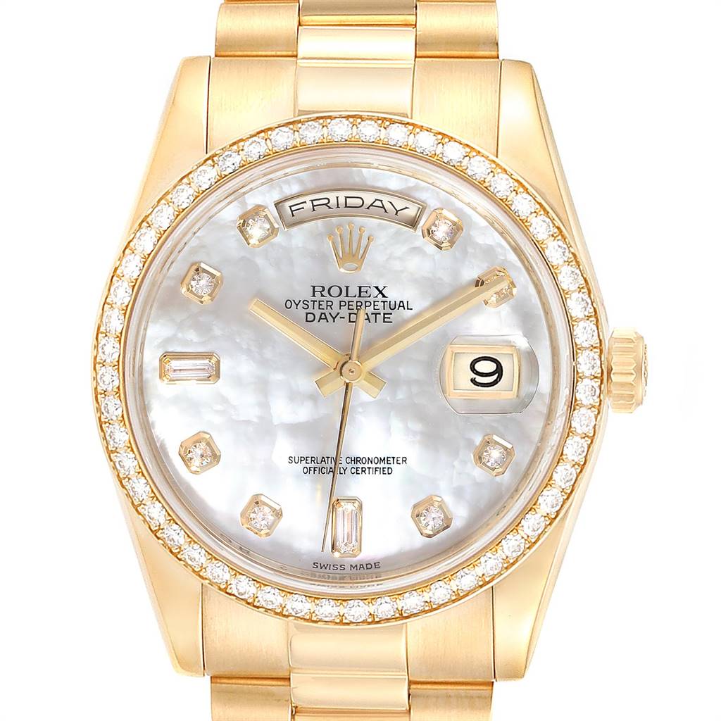 The Rolex President 118348 Men
s Yellow Gold Mother of Pearl Dial 118348 Men
s Yellow Gold Mother of Pearl Dial model watch is shown from a top-down angle, highlighting the dial, bezel, and part of the bracelet.