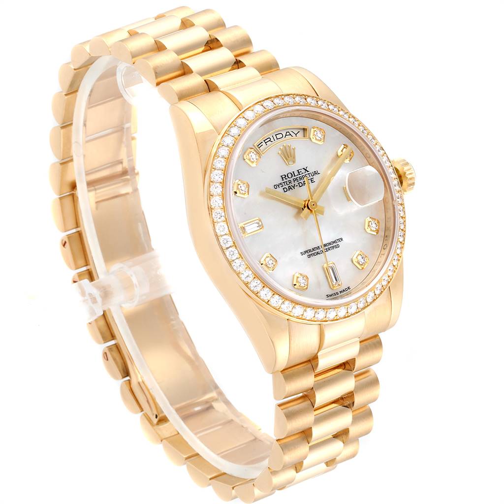 This image shows a side-angle view of a Rolex President 118348 Men
s Yellow Gold Mother of Pearl Dial 118348 Men
s Yellow Gold Mother of Pearl Dial model watch, displaying the face, bezel, and band.